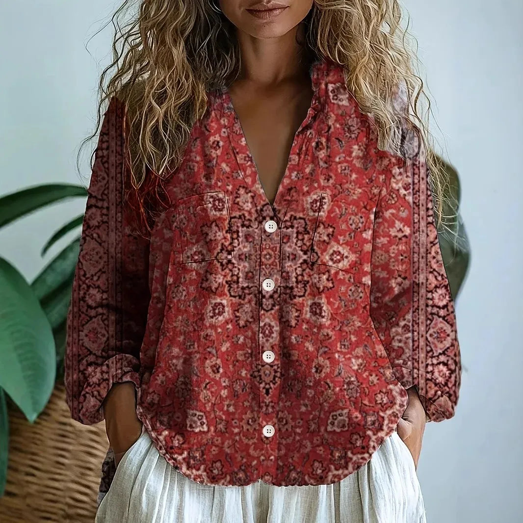 Women's Button Up Tops with Floral Print and Long Sleeves