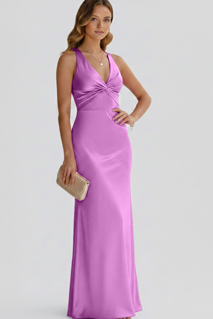 Women's Maxi Wedding Guest Dress with V Neckline and Crossback Straps