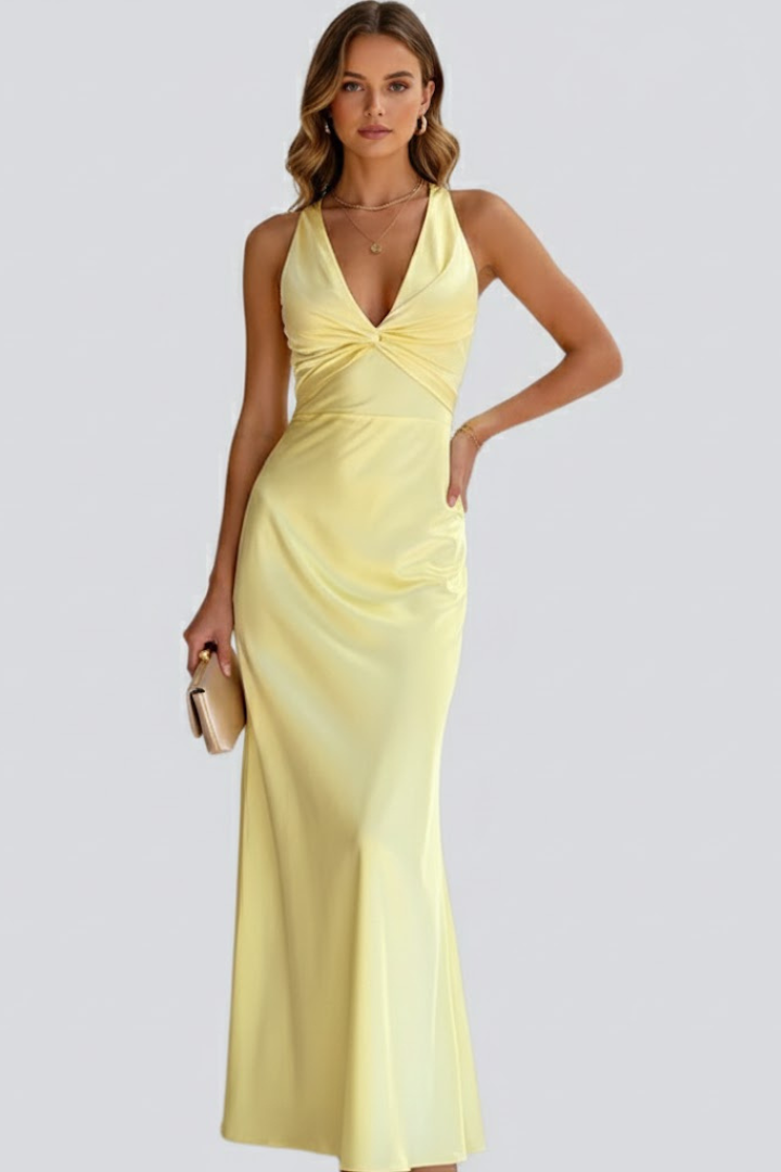 Women's Maxi Wedding Guest Dress with V Neckline and Crossback Straps
