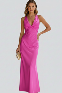 Women's Maxi Wedding Guest Dress with V Neckline and Crossback Straps