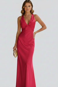 Women's Maxi Wedding Guest Dress with V Neckline and Crossback Straps