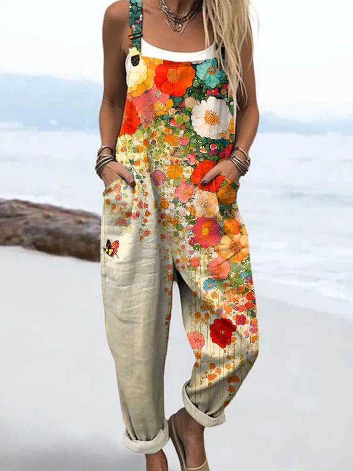 Women's Floral Print Dungarees with Wide Leg and Pockets