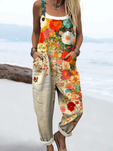 Women's Floral Print Dungarees with Wide Leg and Pockets
