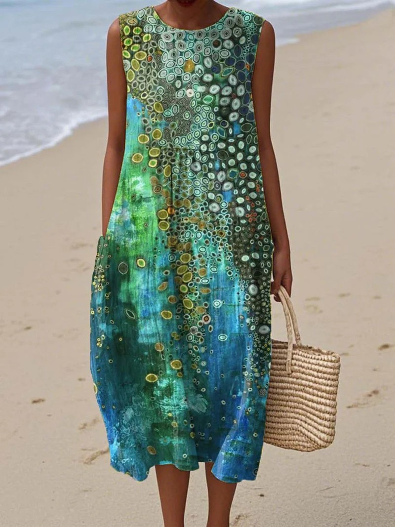Women's Sleeveless Midi Summer Dress with Abstract Print