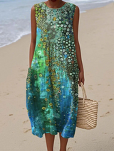 Women's Sleeveless Midi Summer Dress with Abstract Print