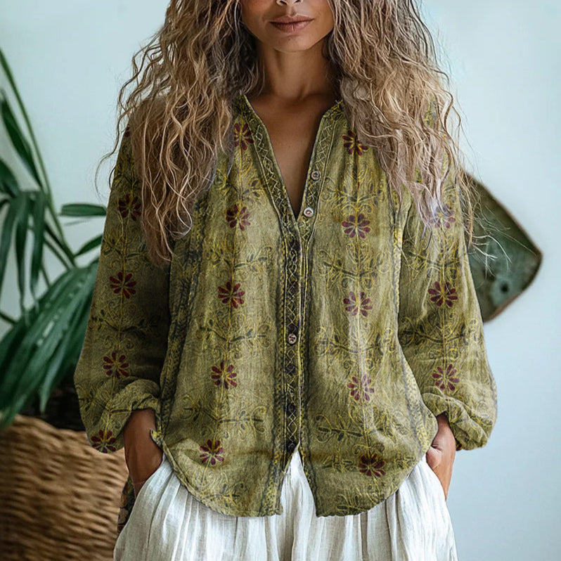 Women's Button Up Tops with Floral Print and Long Sleeves