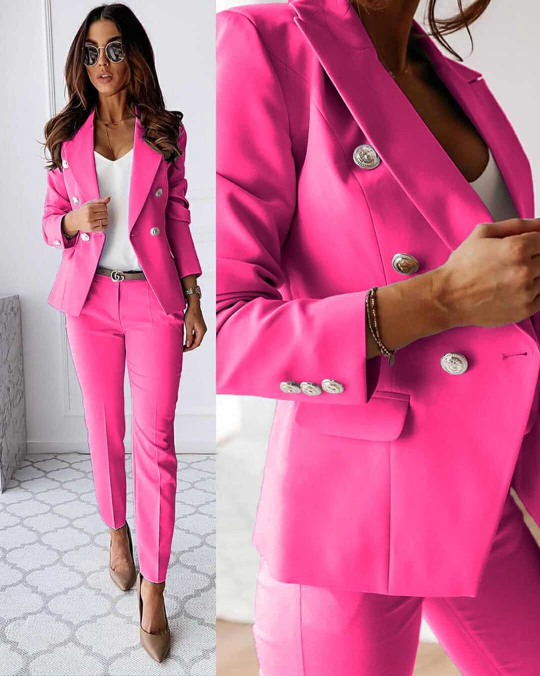 Women's Tailored Set with Double Breasted Blazer and Slim Trousers
