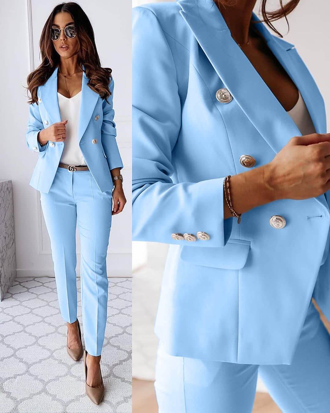 Women's Tailored Set with Double Breasted Blazer and Slim Trousers
