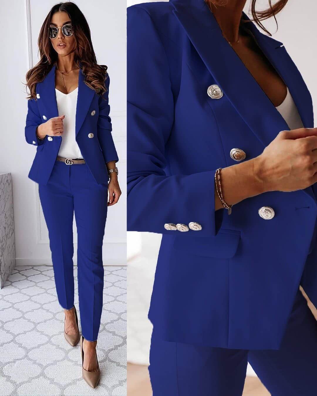Women's Tailored Set with Double Breasted Blazer and Slim Trousers
