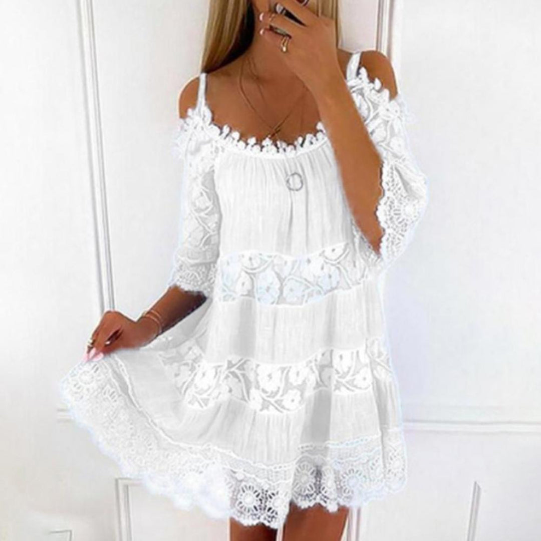 Women's Mini Summer Dress with Off Shoulder Neckline and Tiered Hem