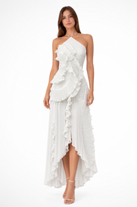 Women's Maxi Halter Neck Dress with Ruffled Hem and Pleated Skirt