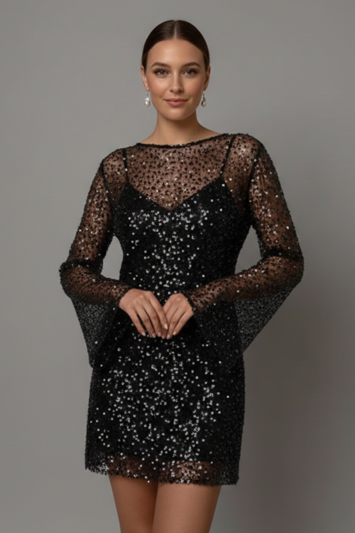 Women's Mini Occasion Dress with Long Sleeves and Sequin Detail