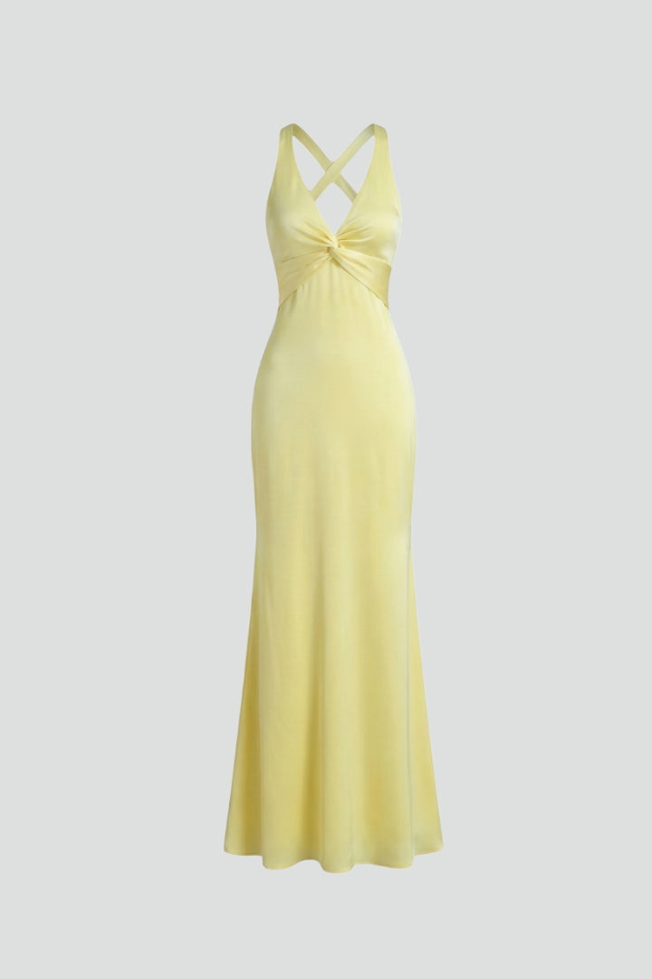 Women's Maxi Wedding Guest Dress with V Neckline and Crossback Straps