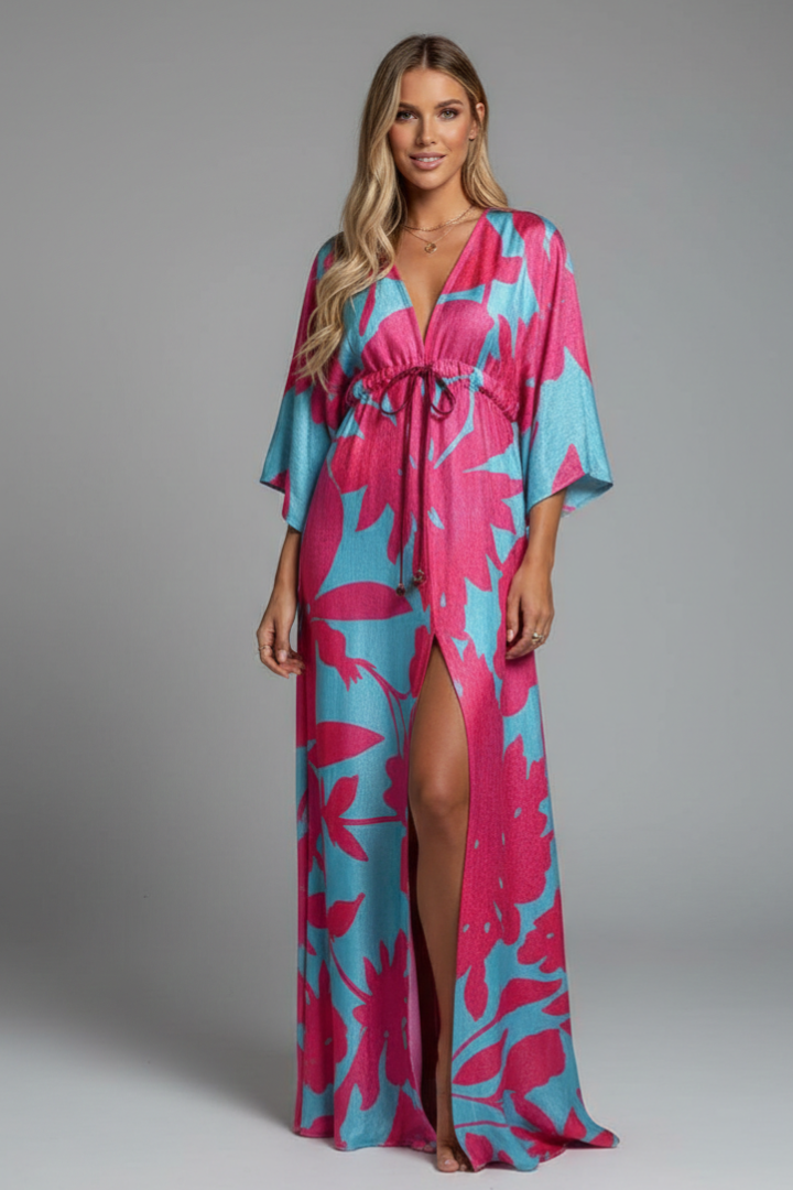 Women's Psychedelic Print Satin Maxi Dress Tie Waist