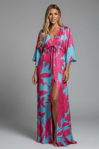Women's Psychedelic Print Satin Maxi Dress Tie Waist