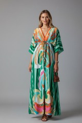 Women's Psychedelic Print Satin Maxi Dress Tie Waist