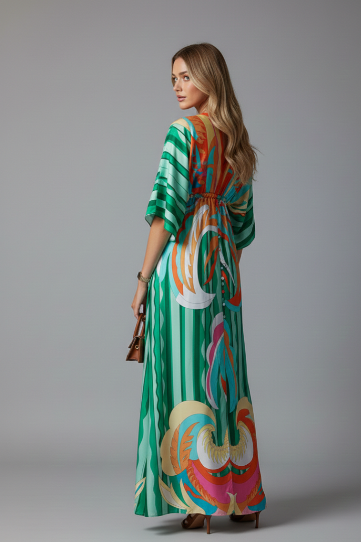Women's Psychedelic Print Satin Maxi Dress Tie Waist