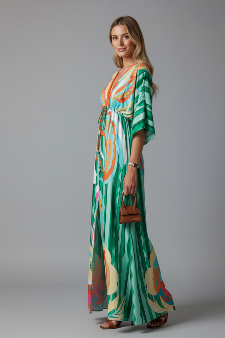 Women's Psychedelic Print Satin Maxi Dress Tie Waist