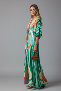 Women's Psychedelic Print Satin Maxi Dress Tie Waist