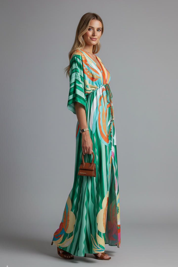 Women's Psychedelic Print Satin Maxi Dress Tie Waist