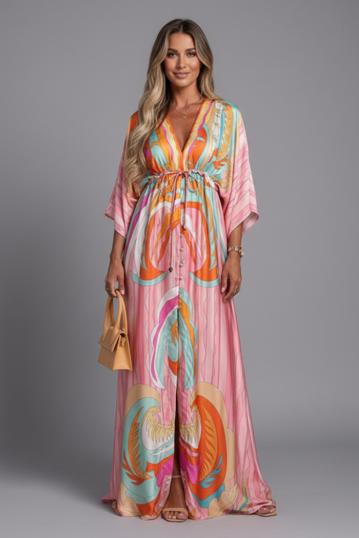 Women's Psychedelic Print Satin Maxi Dress Tie Waist