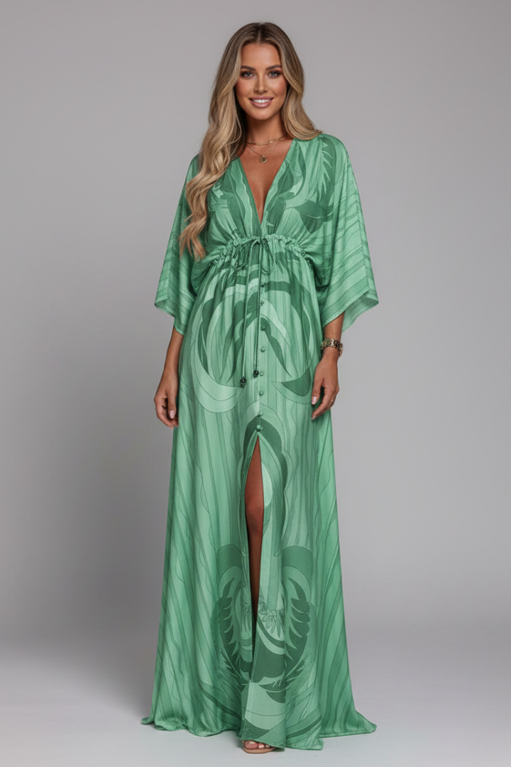 Women's Psychedelic Print Satin Maxi Dress Tie Waist