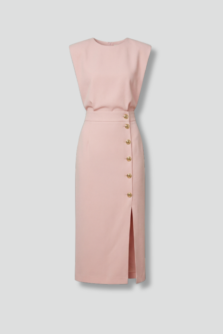 Women's Sleeveless Midi Occasion Dress with Cap Sleeves and Button Front