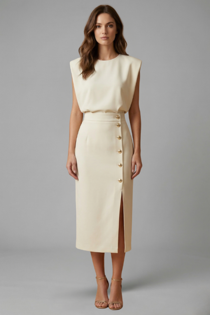 Women's Sleeveless Midi Occasion Dress with Cap Sleeves and Button Front