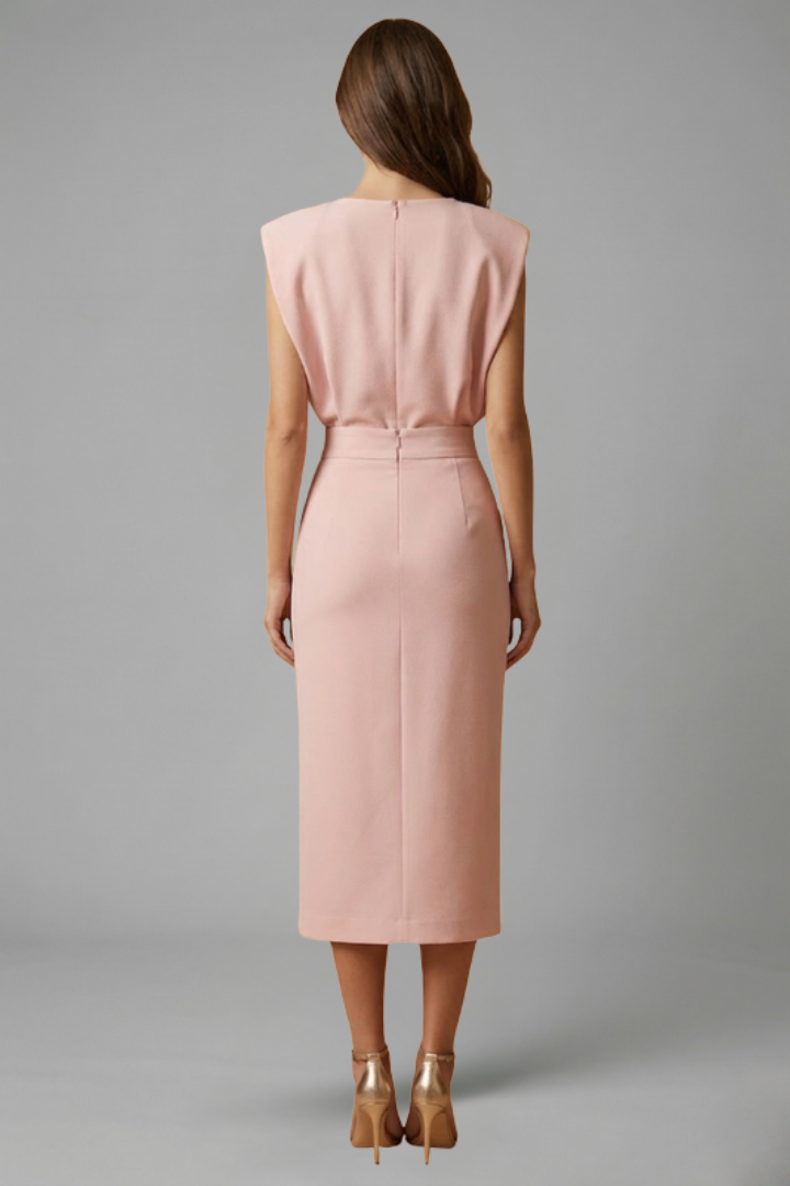 Women's Sleeveless Midi Occasion Dress with Cap Sleeves and Button Front