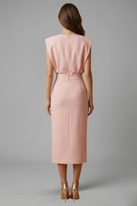 Women's Sleeveless Midi Occasion Dress with Cap Sleeves and Button Front