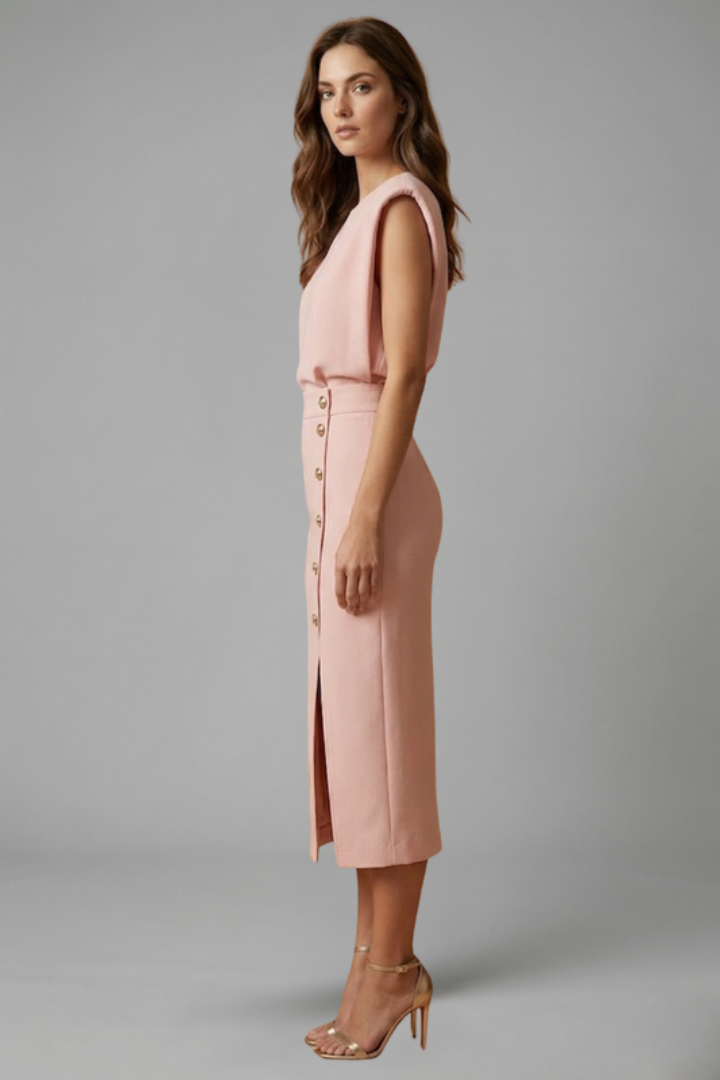 Women's Sleeveless Midi Occasion Dress with Cap Sleeves and Button Front