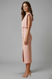 Women's Sleeveless Midi Occasion Dress with Cap Sleeves and Button Front