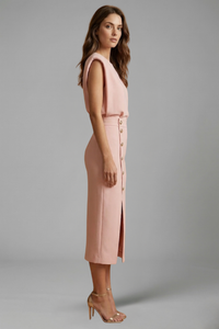 Women's Sleeveless Midi Occasion Dress with Cap Sleeves and Button Front