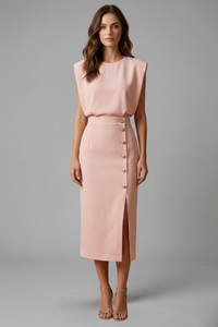 Women's Sleeveless Midi Occasion Dress with Cap Sleeves and Button Front