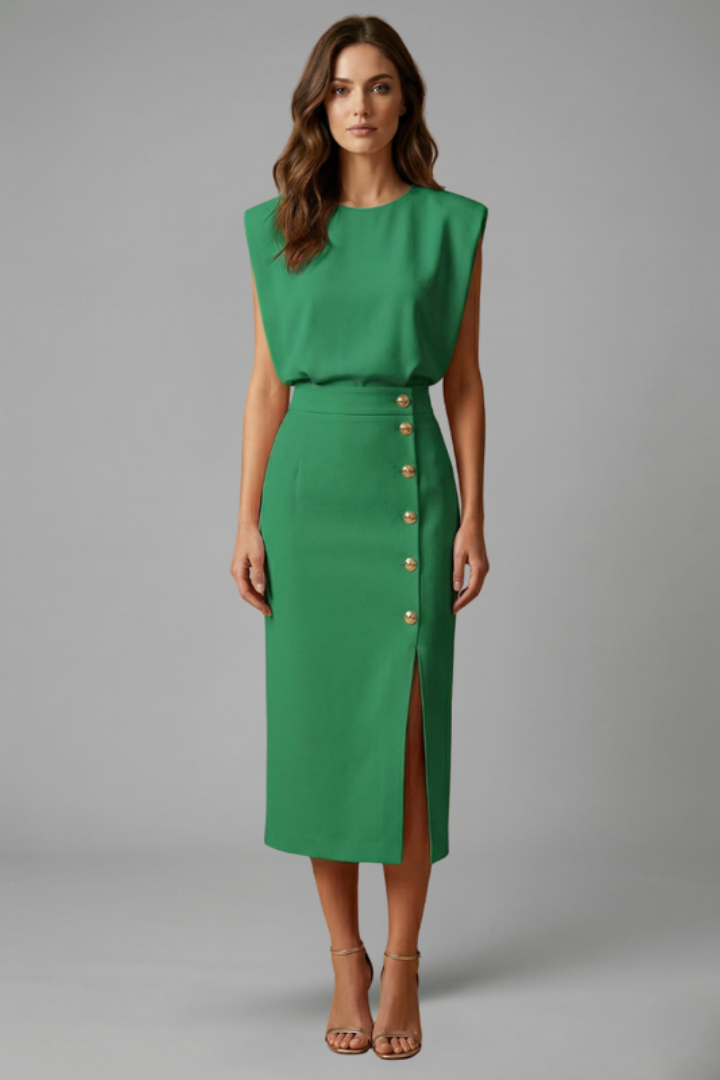 Women's Sleeveless Midi Occasion Dress with Cap Sleeves and Button Front