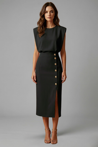 Women's Sleeveless Midi Occasion Dress with Cap Sleeves and Button Front