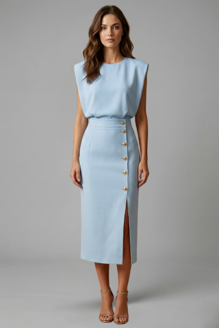 Women's Sleeveless Midi Occasion Dress with Cap Sleeves and Button Front