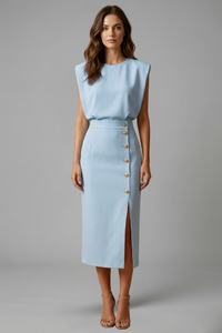 Women's Sleeveless Midi Occasion Dress with Cap Sleeves and Button Front
