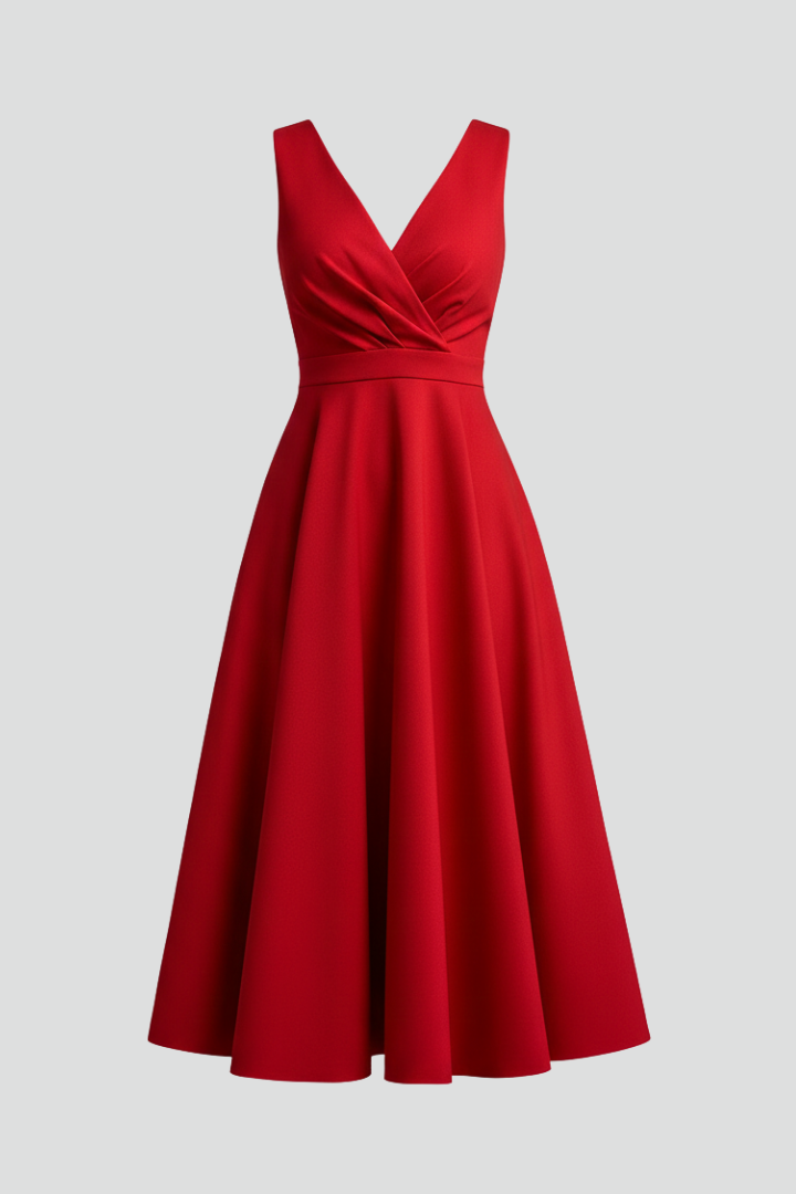 Women's Midi Wedding Guest Dress with V Neckline and Sleeveless