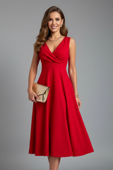 Women's Midi Wedding Guest Dress with V Neckline and Sleeveless