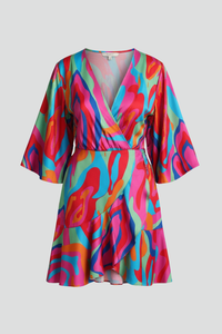 Women's Mini Wrap Dress with Bell Sleeves and Abstract Print