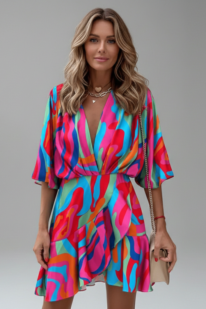 Women's Mini Wrap Dress with Bell Sleeves and Abstract Print