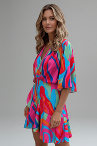 Women's Mini Wrap Dress with Bell Sleeves and Abstract Print