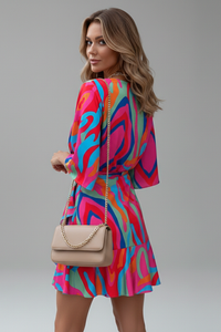 Women's Mini Wrap Dress with Bell Sleeves and Abstract Print