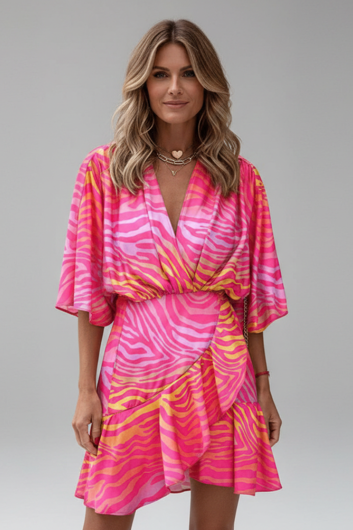 Women's Mini Wrap Dress with Bell Sleeves and Abstract Print