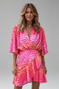 Women's Mini Wrap Dress with Bell Sleeves and Abstract Print