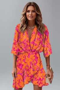 Women's Mini Wrap Dress with Bell Sleeves and Abstract Print