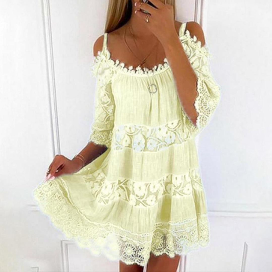 Women's Mini Summer Dress with Off Shoulder Neckline and Tiered Hem