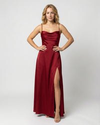 Women's Maxi Wedding Guest Dress with Cowl Neckline and Side Slit
