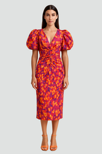 Women's Midi Wedding Guest Dress with V Neckline and Puff Sleeves